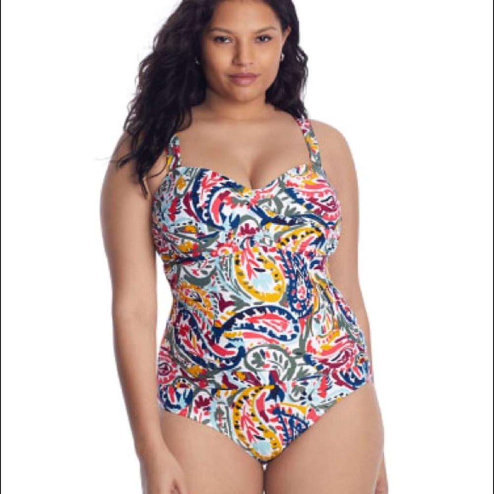Anne Cole Square neckline water color paisley print one piece swimsuit